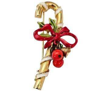 ART Arthur Pepper Candy Cane Red Bow, Holly Brooch  Jingle Bell Pin, Signed